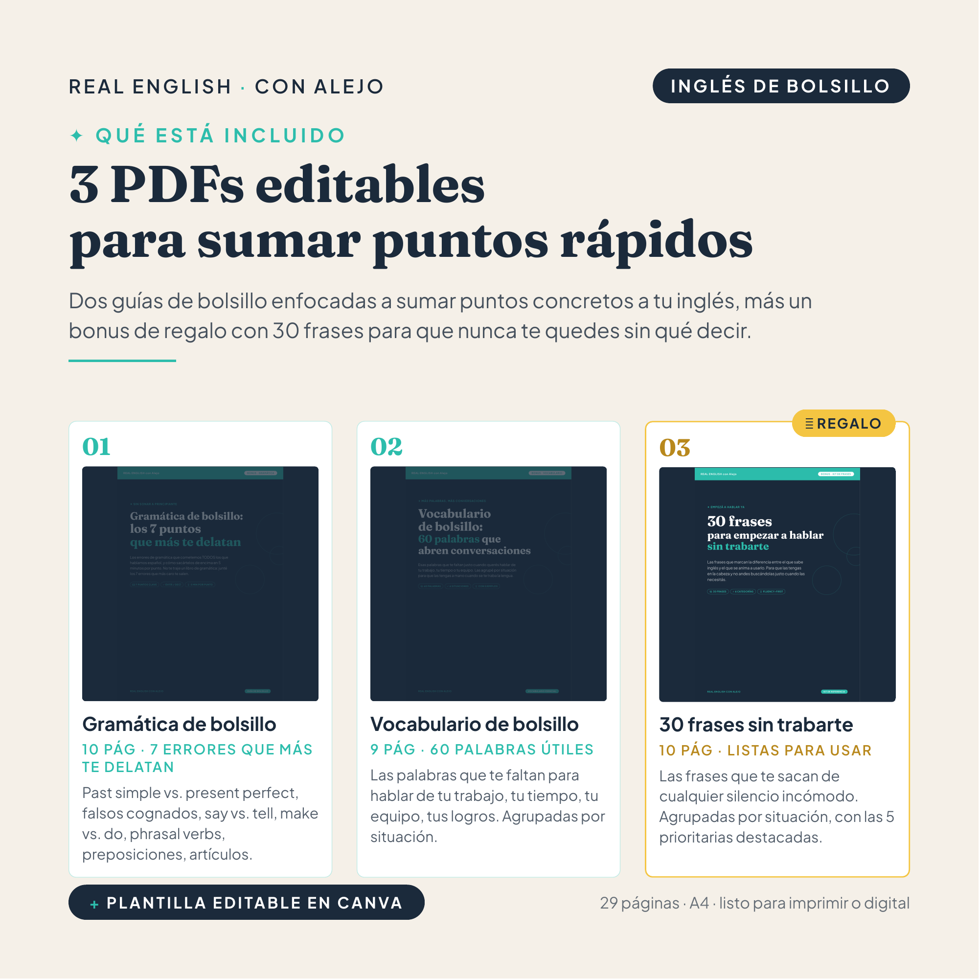 El inglés que te falta, ordenado en 3 guías de bolsillo.
