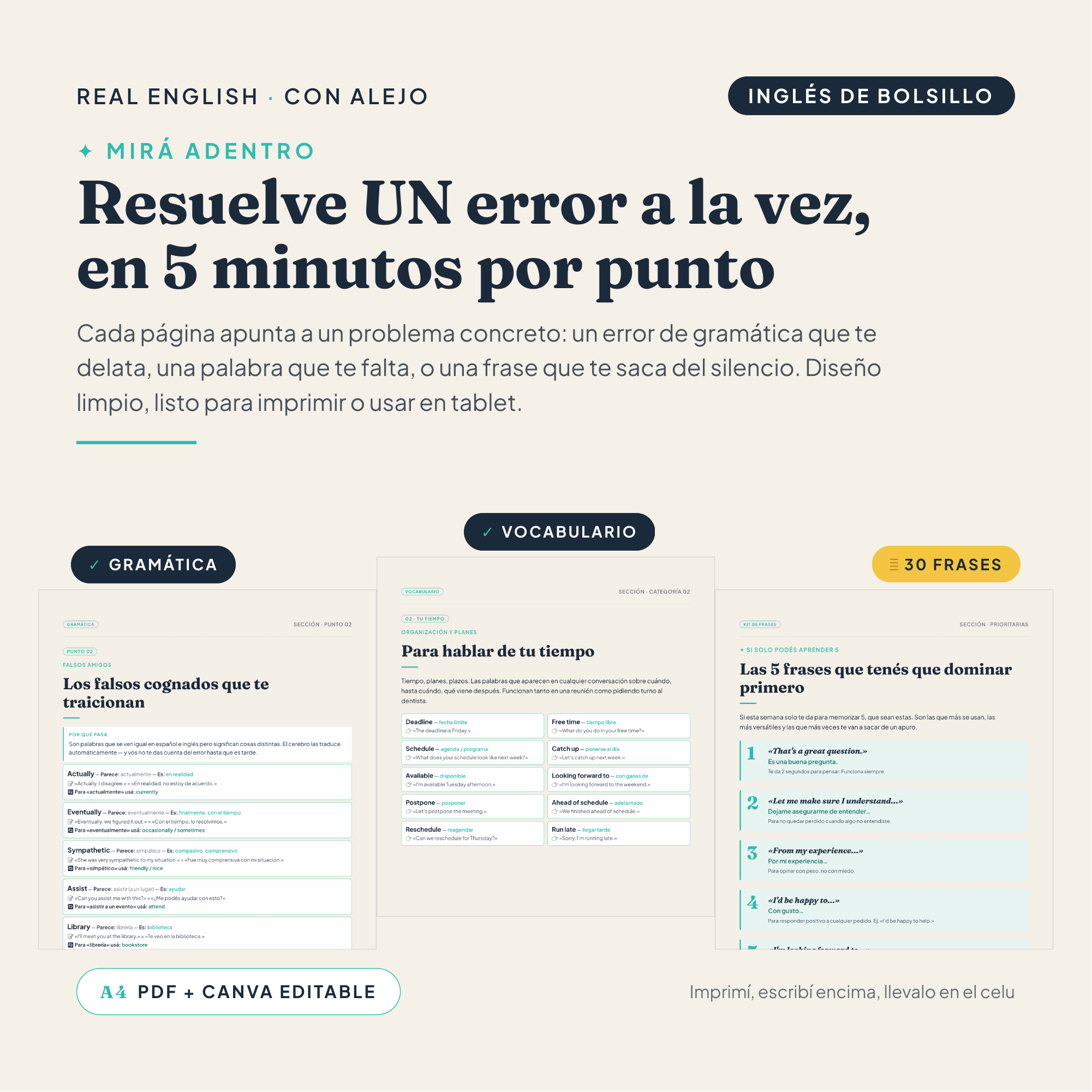 El inglés que te falta, ordenado en 3 guías de bolsillo.